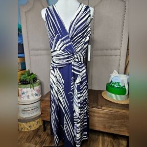 London Times Navy Ivory Faux Wrap Dress